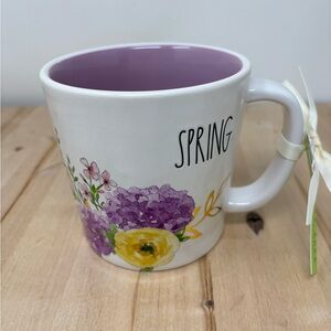 Rae Dunn SPRING Mug Ceramic White with Purple Interior and Floral Decor New